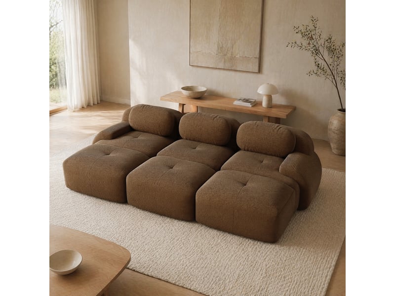  Canapé d'angle modulaire 3 places avec 3 poufs en velours côtelé marron  - Conforama C