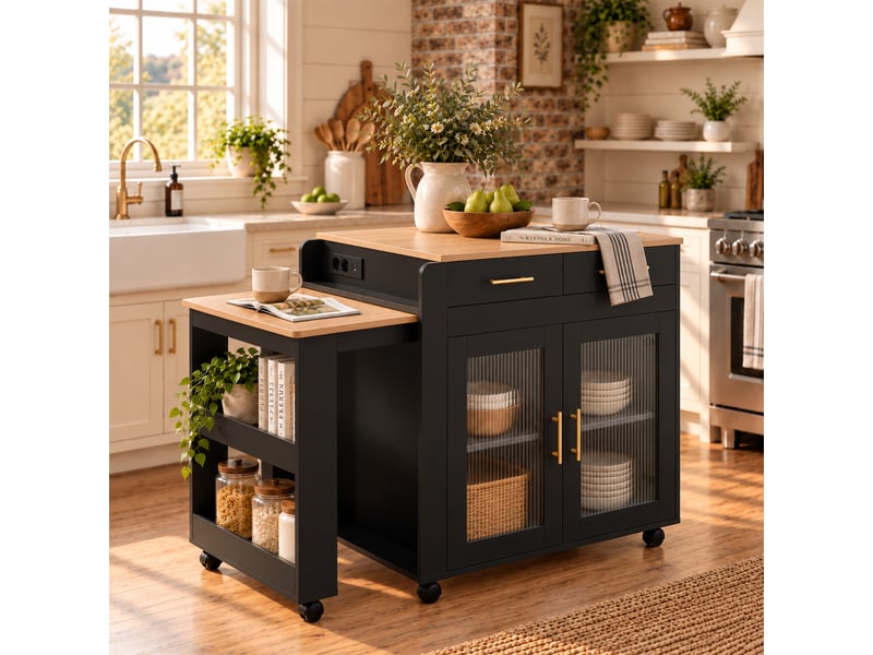  Îlot de cuisine - rangements intégrés - table extensible - port usb - prise de charge - meuble de cuisine - gain de place - noir CozyNest - Conforama C