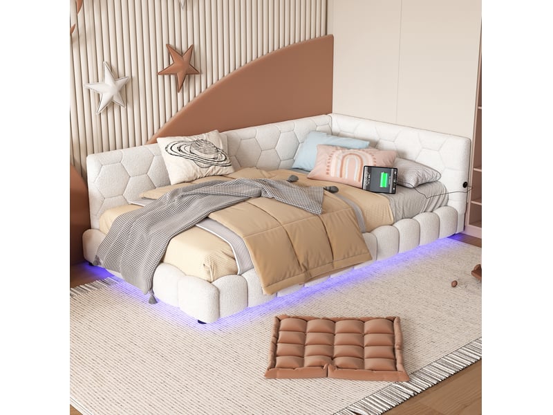  Lit banquette 90x200 cm avec led, ports usb et type c, blanc  - Conforama E