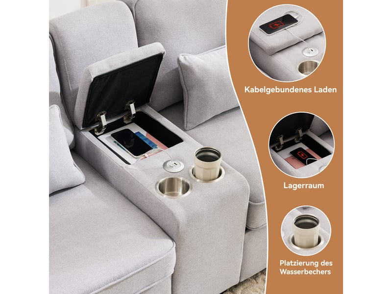 Canapé 4 places moderne en tissu de lin avec console,2 porte-boissons,2 prises usb,canapé fixe avec 4 coussins pour salon,bureau,gris clair 290x83x88cm - Conforama C
