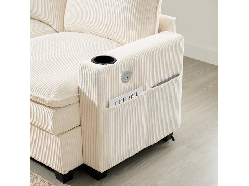 Canapé modulable d’angle 280x152x83 cm, porte-gobelets, prises usb et rangement, revêtement velours côtelé beige  - Conforama E