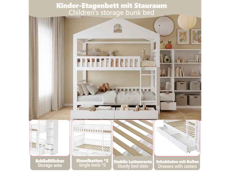  Lit superposé enfant 2 places 90×200 cm, 2 tiroirs et étagères  - sans matelas, bois - blanc  - Conforama E