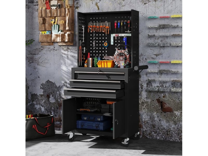  Armoire à outils mobile 69 x 33 x 133 cm noire en acier, 3 tiroirs, rangement d'atelier avec roulettes  - Conforama B