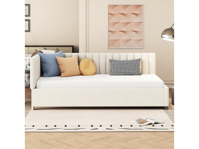  Canapé-lit enfant 90 x 200 cm avec sommier à lattes, cadre de lit 1 personne avec tete de lit rembourré, tissu velours, beige  - Conforama D