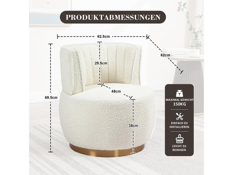  Fauteuil pivotant 360° moderne blanc en tissu teddy, dossier confortable et base stable  - Conforama C