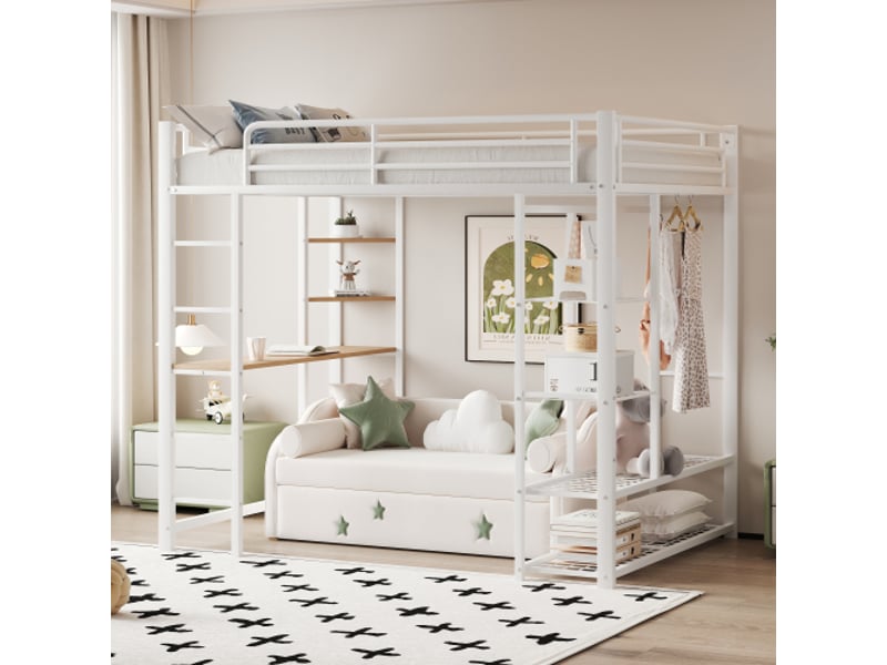  Lit mezzanine enfant 90x200 cm avec échelle, table, cintres simples et rangements, en métal, blanc, sans matelas  - Conforama C