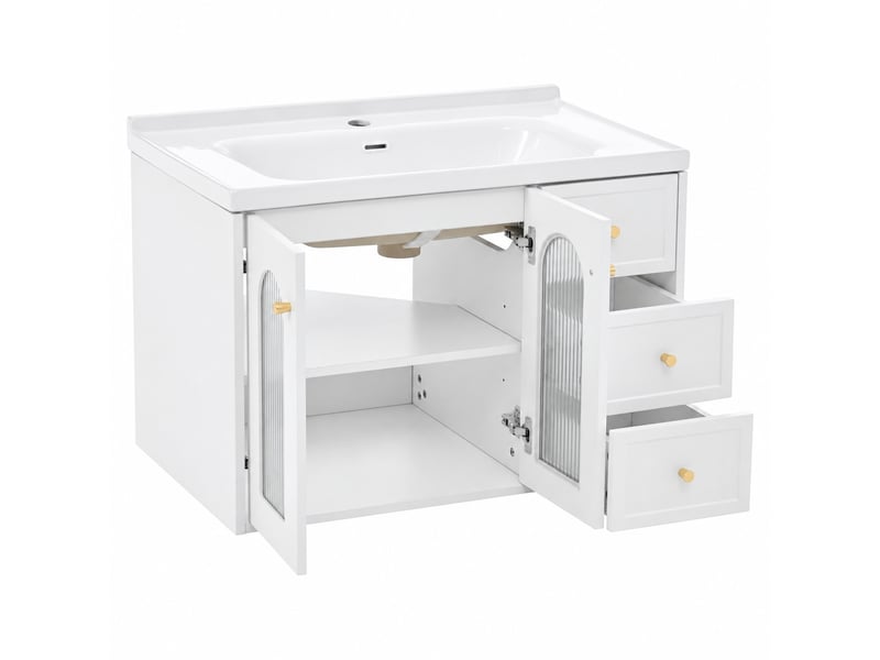 Meuble vasque suspendu 80 cm blanc en mdf avec vasque intégrée en céramique - Conforama A