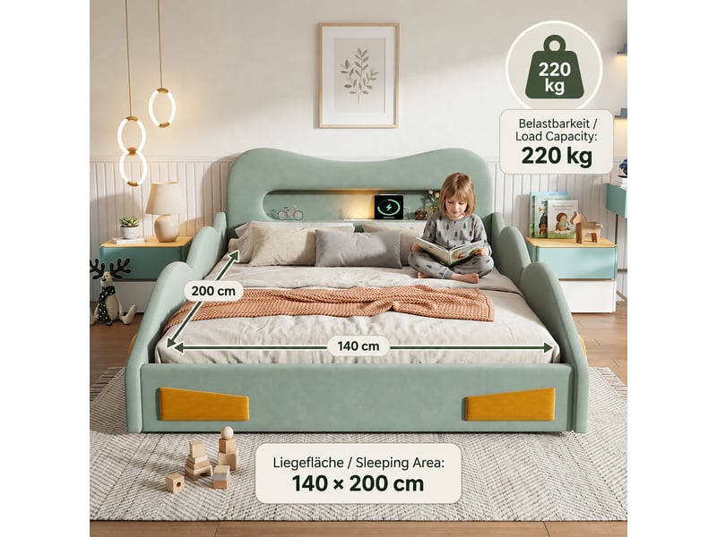  Lit enfant 140x200 cm voiture en velours vert, veilleuse de lecture, port de charge, coffre au pied  - Conforama E