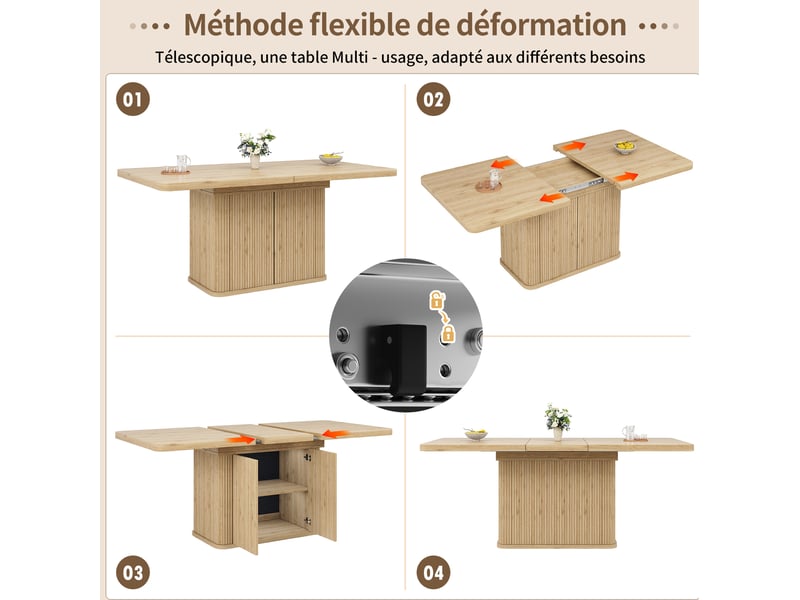  Table à manger extensible 140-180 x 80 cm – bois clair – rangement dissimulé et plateau central modulable  - Conforama E