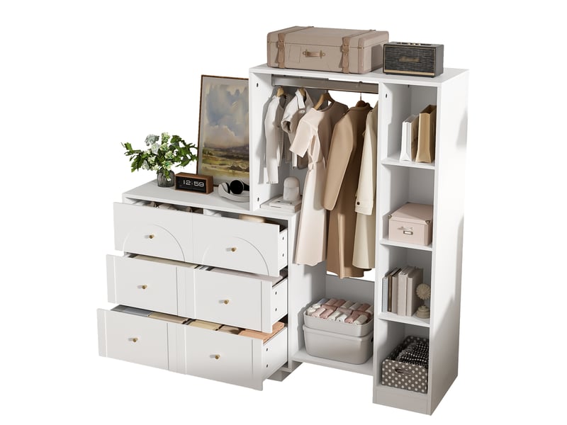 Armoire ouverte 139x35x133 cm avec penderie, 6 tiroirs et rangements blancs - Conforama A