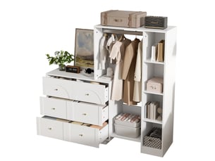 Armoire ouverte 139x35x133 cm avec penderie, 6 tiroirs et rangements blancs