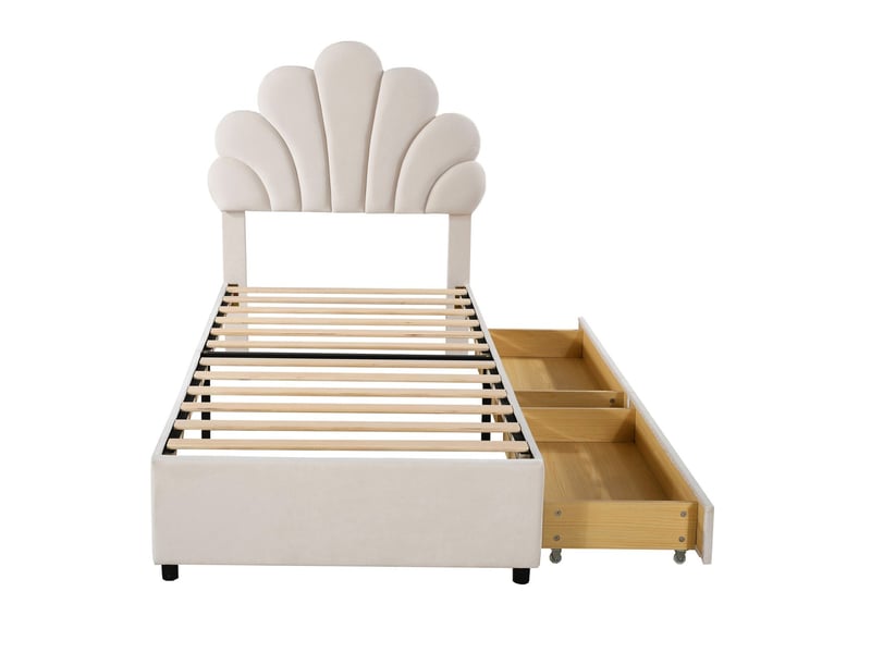  Lit enfant 90x200, tête de lit fleurie lit combine enfant, structure métal robuste, tiroirs coulissants, velours doux  - Conforama A