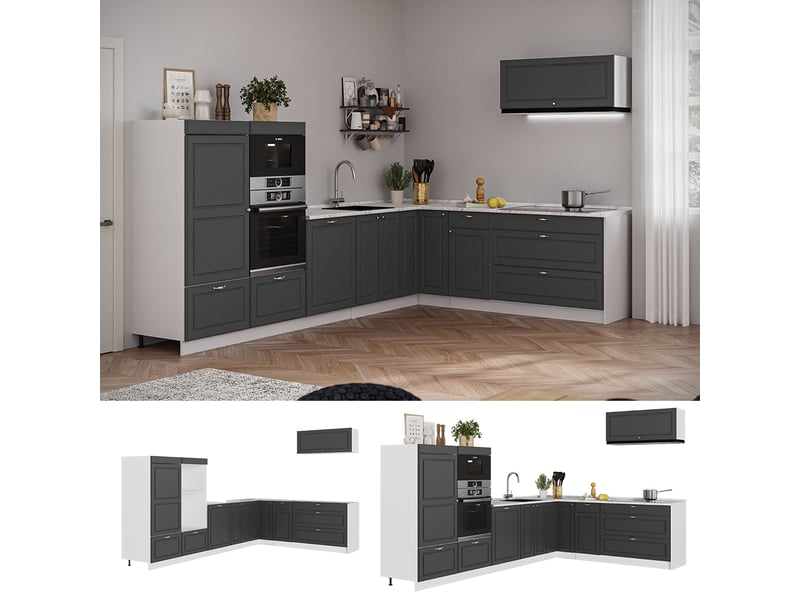 Vicco cuisine en angle, anthrazit-gold landhausblanc, 327x60cm, pt marbre - Conforama D