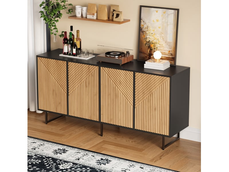  Buffet de salon 160x40x75cm avec 4 portes, meuble de rangement, meuble de salon, panneau de particules, coloris naturel et noir  - Conforama D