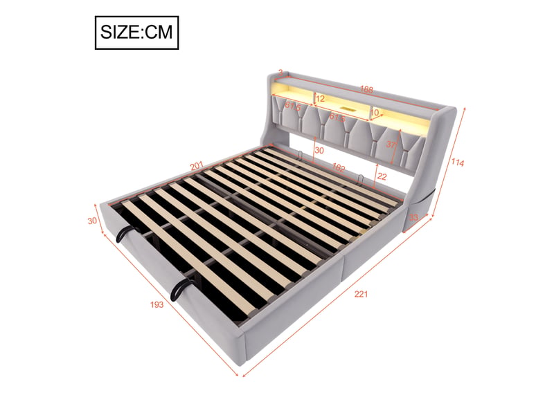  Lit coffre 180x200 cm velours gris clair, tête rabattable, rangements intégrés, led et prise électrique  - Conforama E