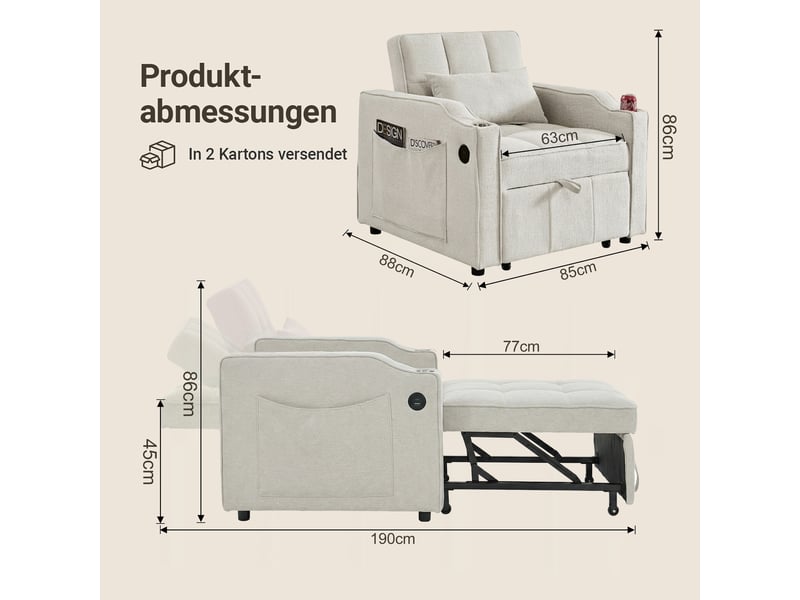  Fauteuil convertible 3-en-1 avec usb-c, porte-gobelet et dossier réglable  - tissu beige 190 cm  - Conforama D