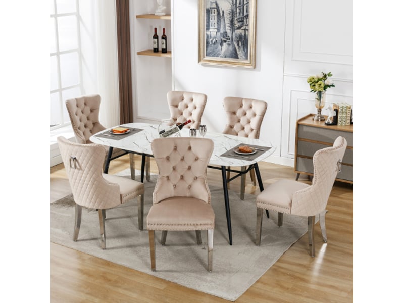  Lot de 6 chaises de salle à manger rembourrées, garniture en tête de clou, beige  - Conforama B