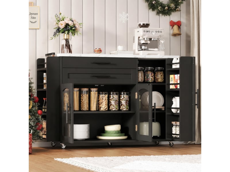 Îlot de cuisine mobile avec plan de travail rabattable, rangement et 5 roulettes, noir et bois naturel - Conforama B