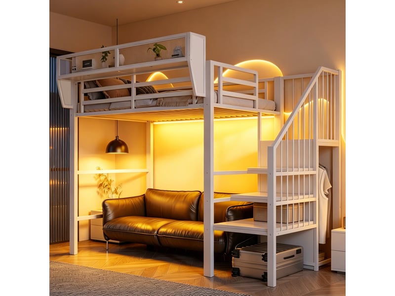  Lit mezzanine avec led, escalier sécurisé et rangements modulables pour chambre en métal et mdf blanc 90 × 200 cm  - Conforama E