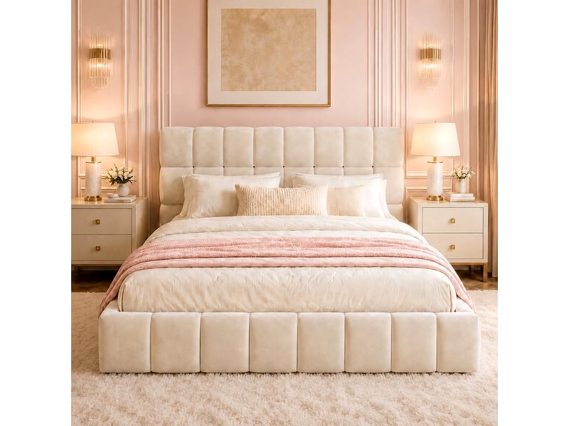  Lit double 140x190 cm pour adolescents, polaire avec tête de lit douce et bordure rembourrée, revêtement en velours, beige Bubbly - Conforama C