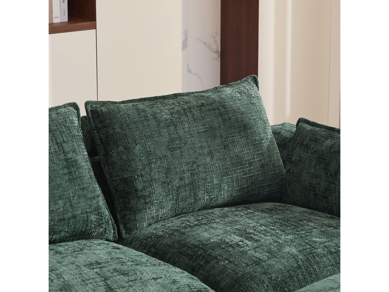  Canapé modulaire 3 places avec pouf assorti, 256 x 161 x 75 cm, chenille verte avec rangement  - Conforama E