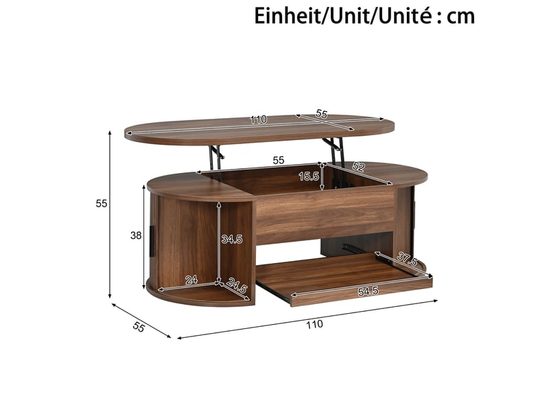 Table basse avec plateau relevable, rangement dissimulé, portes coulissantes, plateau coulissant, mdf couleur noyer  - Conforama C