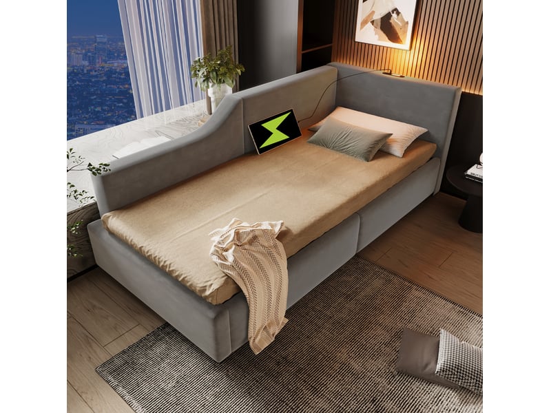  Lit banquette 90 x 200 cm en velours gris avec coffre hydraulique, liseuse et recharge usb-c  - Conforama D