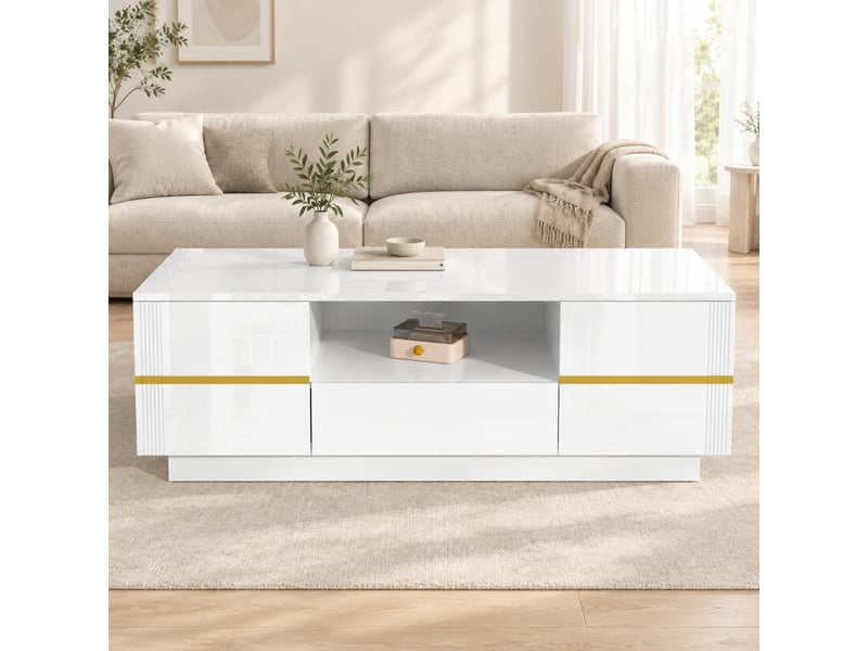 Table basse 100x50x35.5 cm blanche avec rangement et accents dorés - Conforama B