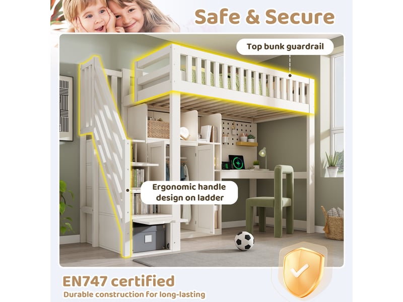  Lit mezzanine enfant 90x200 cm, bureau intégré, armoire intégrée, usb et usb-c, sommier à lattes, gain de place pour chambre - blanc  - Conforama D