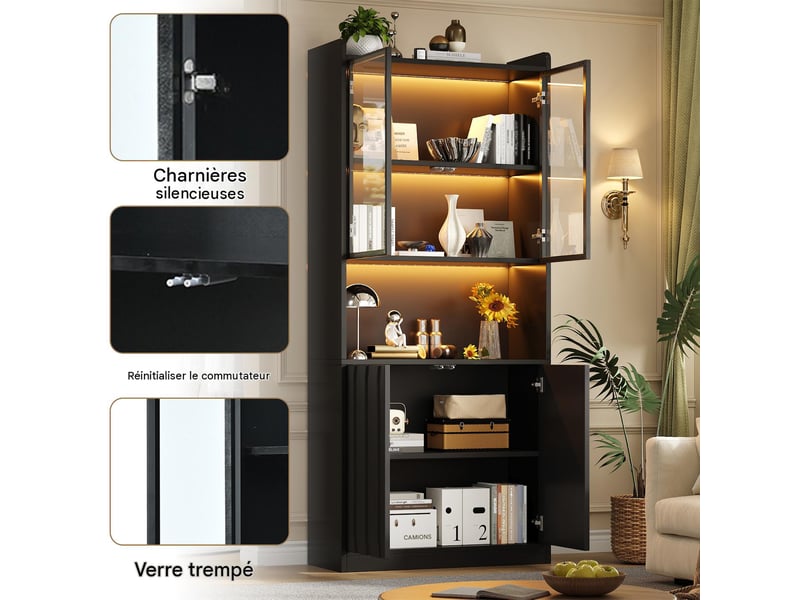  Vitrine 8 portes avec éclairage led panneau de particules noir 160 x 35 x 200 cm  - Conforama D