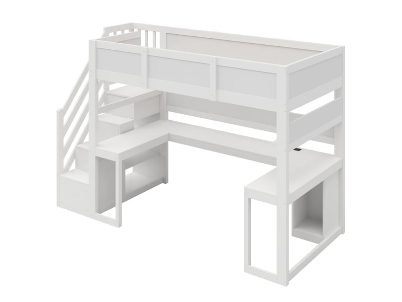  Lit mezzanine gaming 90 × 200 cm, bois et mdf, bureau, escalier-rangement, 4 rangements, led, usb, blanc  - Conforama A