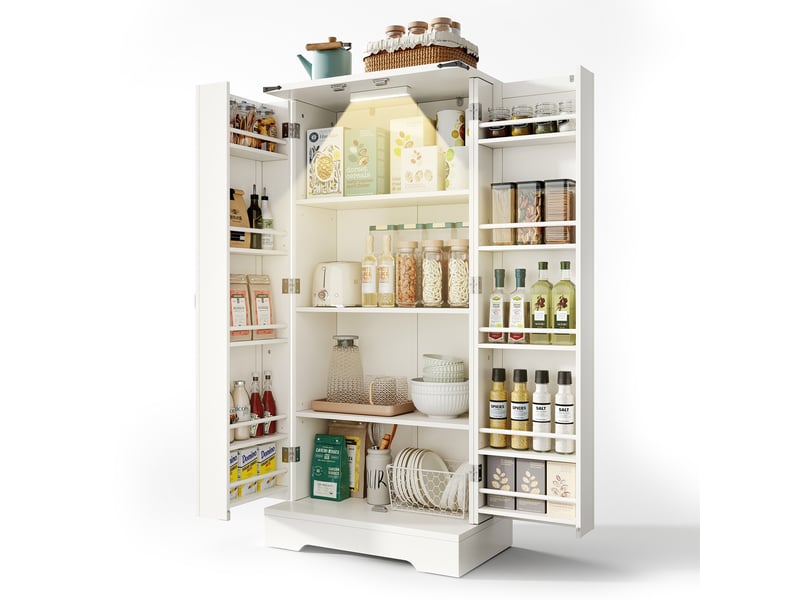  Armoire de cuisine 128,5 cm, buffet de rangement style campagne avec éclairage led, 2 portes, étagères réglables, blanc  - Conforama A