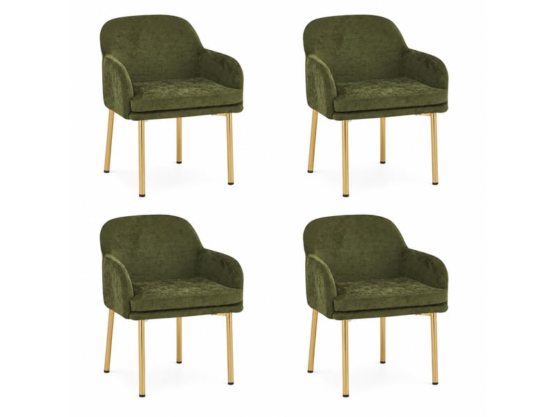  Lot de 4 chaises de salle à manger vertes avec accoudoirs, dossier ergonomique, pieds métal doré, patins réglables, charge 125 kg, modernes  - Conforama A