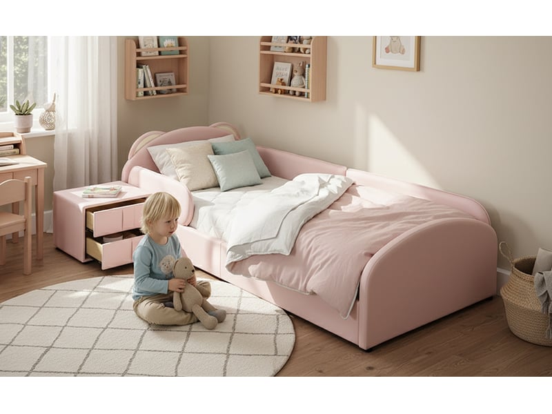 Lit enfant simple 90×200 cm tête ours et table de chevet  - sans matelas, velours - rose  - Conforama E