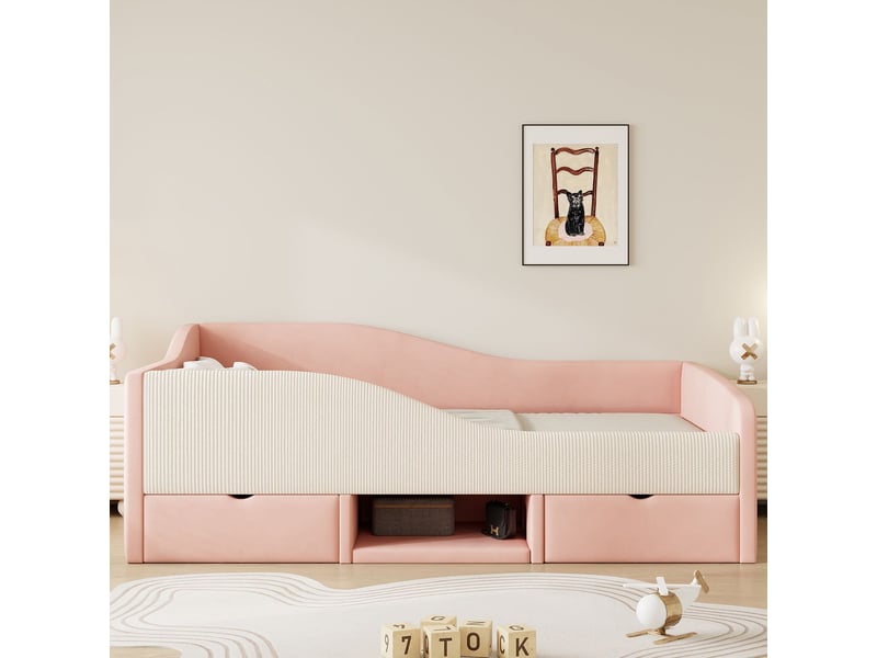  Lit 90x190cm, lit multifonction, velours doux, rangement intégré, barrières de sécurité, coloris bicolore  - Conforama B