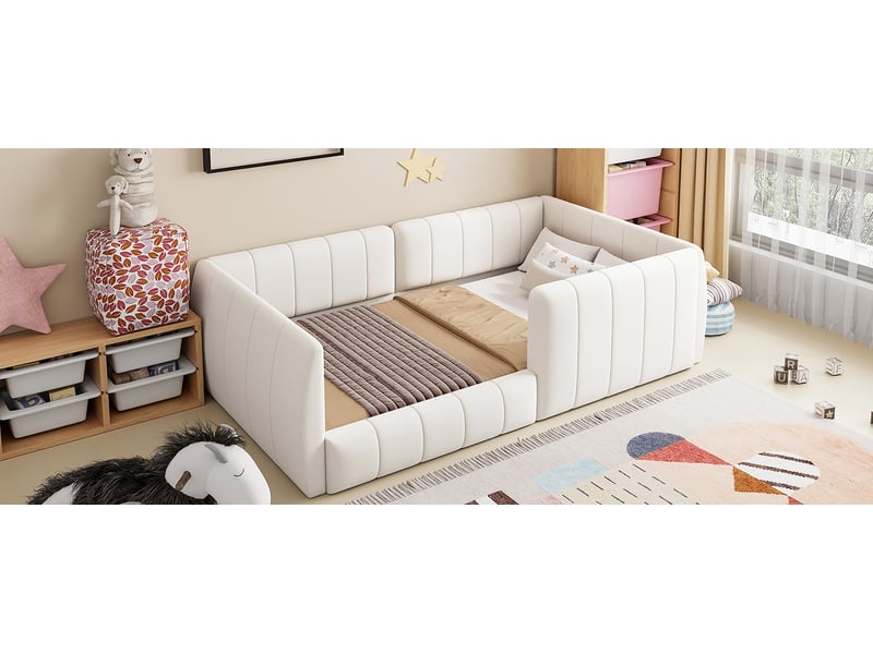  Lit banquette enfant 90 × 200 cm, capitonné avec barrières, beige  - Conforama B