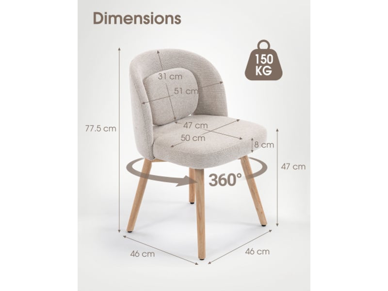  Lot de 2 chaises de salle à manger 50x47x77.5 cm pivotantes 360° en bois couleur beige, confort et soutien  - Conforama C