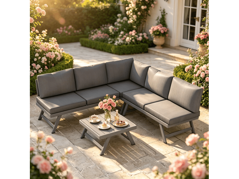  Salon de jardin d’angle 5 places avec table basse, gris  - Conforama B