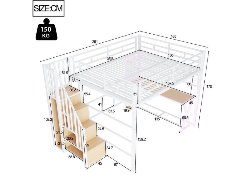  Lit mezzanine modenvie 160 x 200 cm avec bureau, armoire, échelle avec rangement, étagères et éclairage d’ambiance télécommandé blanc  - Conforama C