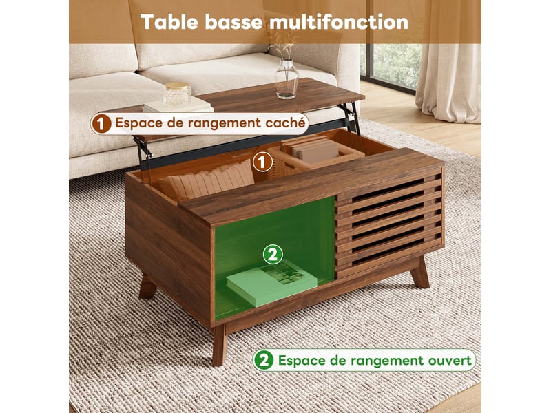 Table basse 90x55x57,5 cm avec plateau relevable, porte coulissante, table de salon, rangements, mdf, couleur noyer  - Conforama E