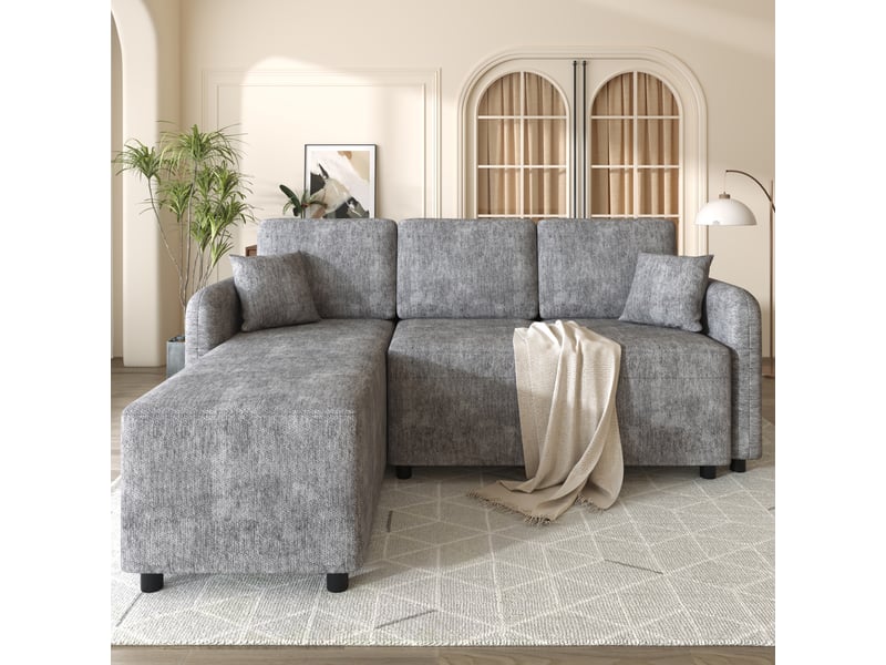  Canapé d'angle 3 places modenvie avec méridienne droite 144 cm, revêtement chenille gris, mousse haute densité et 2 coussins  - Conforama D