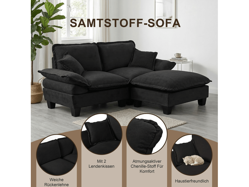 Canapé d’angle modulable en u modenvie 5 places avec 2 poufs mobiles et 2 coussins souples, revêtement chenille noir - Conforama D