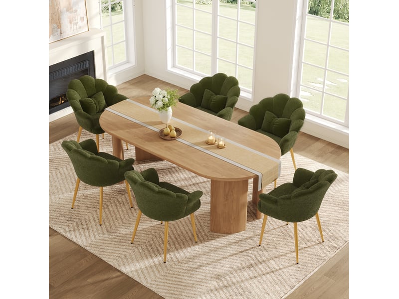 Lot de 6 fauteuils de salle à manger 64x65,5x85 cm, dossier pétale, accoudoirs, tissu teddy, pieds dorés, vert - Conforama B