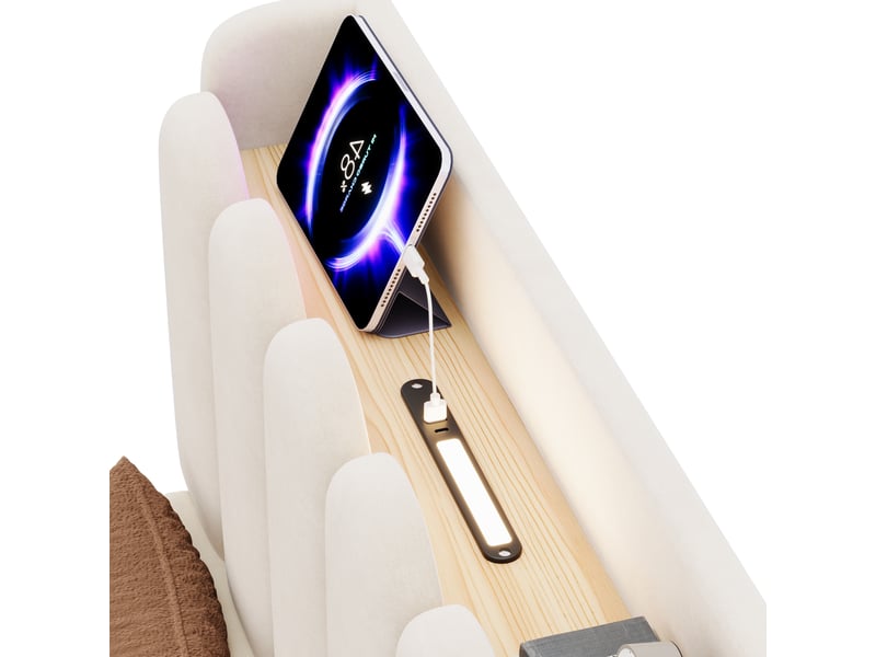  Lit rembourré, lit simple, lit enfant 90 x 200 cm, sommier à lattes, tête de lit rembourrée, station de charge usb et type-c et lampe de lecture, velours, beige  - Conforama E
