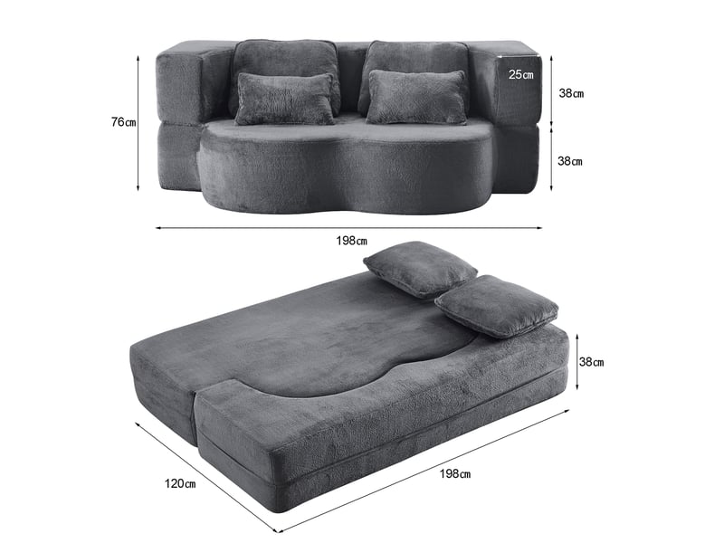  Canapé convertible au sol pliant avec 4 coussins  - matelas en mousse haute densité, velours bleu gris  - Conforama D
