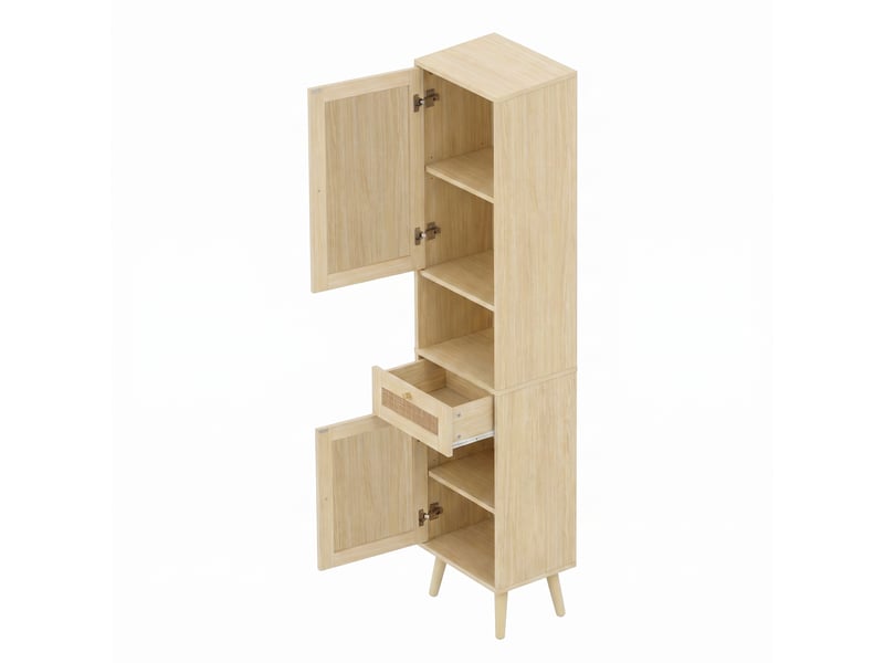  Colonne salle de bain bois naturel 40 × 30 × 166 cm, portes rotin, tiroir  - Conforama D