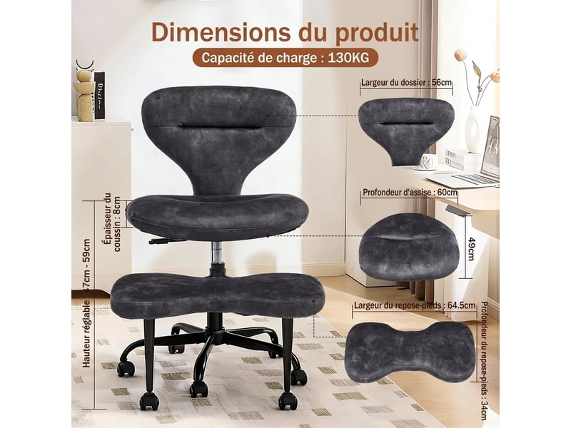  Chaise de bureau grise de méditation adulte avec roulettes silencieuses, hauteur réglable et repose-pieds rétractable  - Conforama C