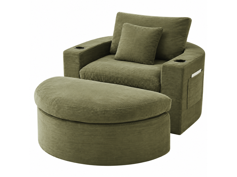  Fauteuil lounge rond avec repose-pieds - rangement, porte-gobelet et coussins - velours côtelé - vert CozyNest - Conforama A