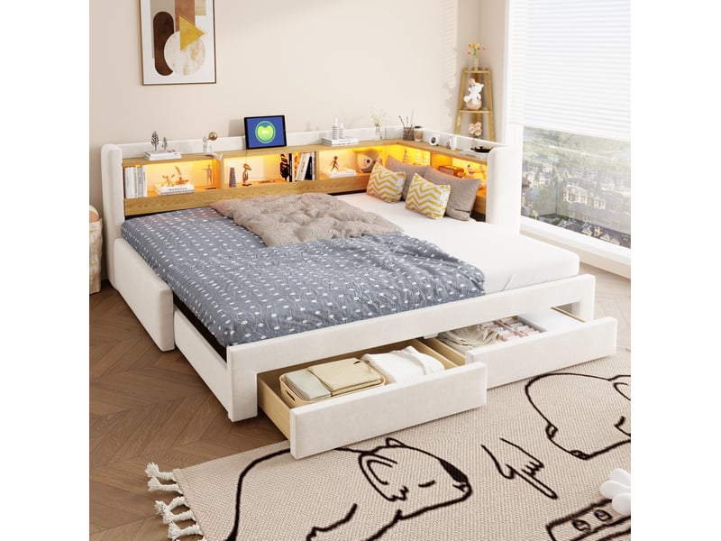  Lit extensible 3-en-1 90x200 cm en velours beige avec tiroirs, led et prise  - Conforama D