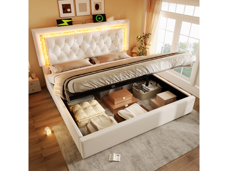 Lit coffre double 180x200 cm - lit en velours beige avec tête de lit led, usb type-c et rangement hydraulique - sans matelas  - Conforama B